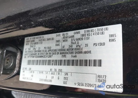 2021 Ford F-150 Lariat from USA, damaged, VIN 1FTFW1E88MKE31287